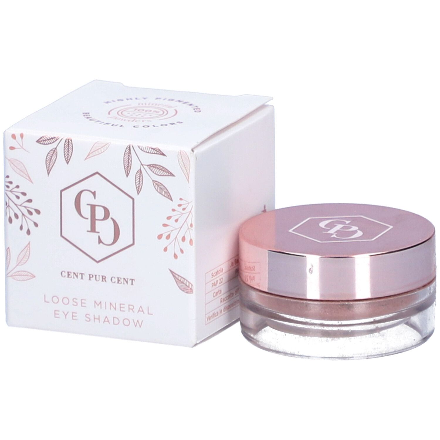 Pot et boîte d'ombre à paupières. Couvercle rose, boîte blanche avec texte. Cent Pur Cent Mineral Eye Shadow.
