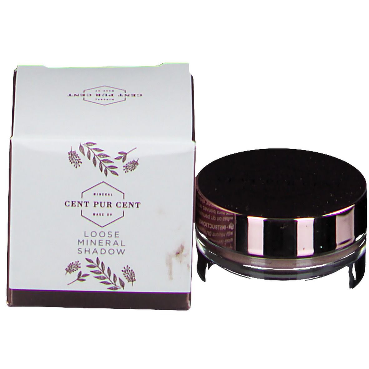 Pot et boîte d'ombre à paupières. Couvercle noir, boîte blanche. Cent Pur Cent Mineral Eye Shadow.