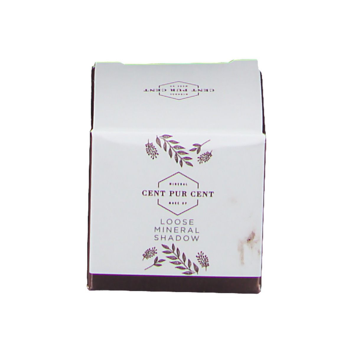 Emballage. Boîte blanche avec texte. Cent Pur Cent Mineral Eye Shadow.