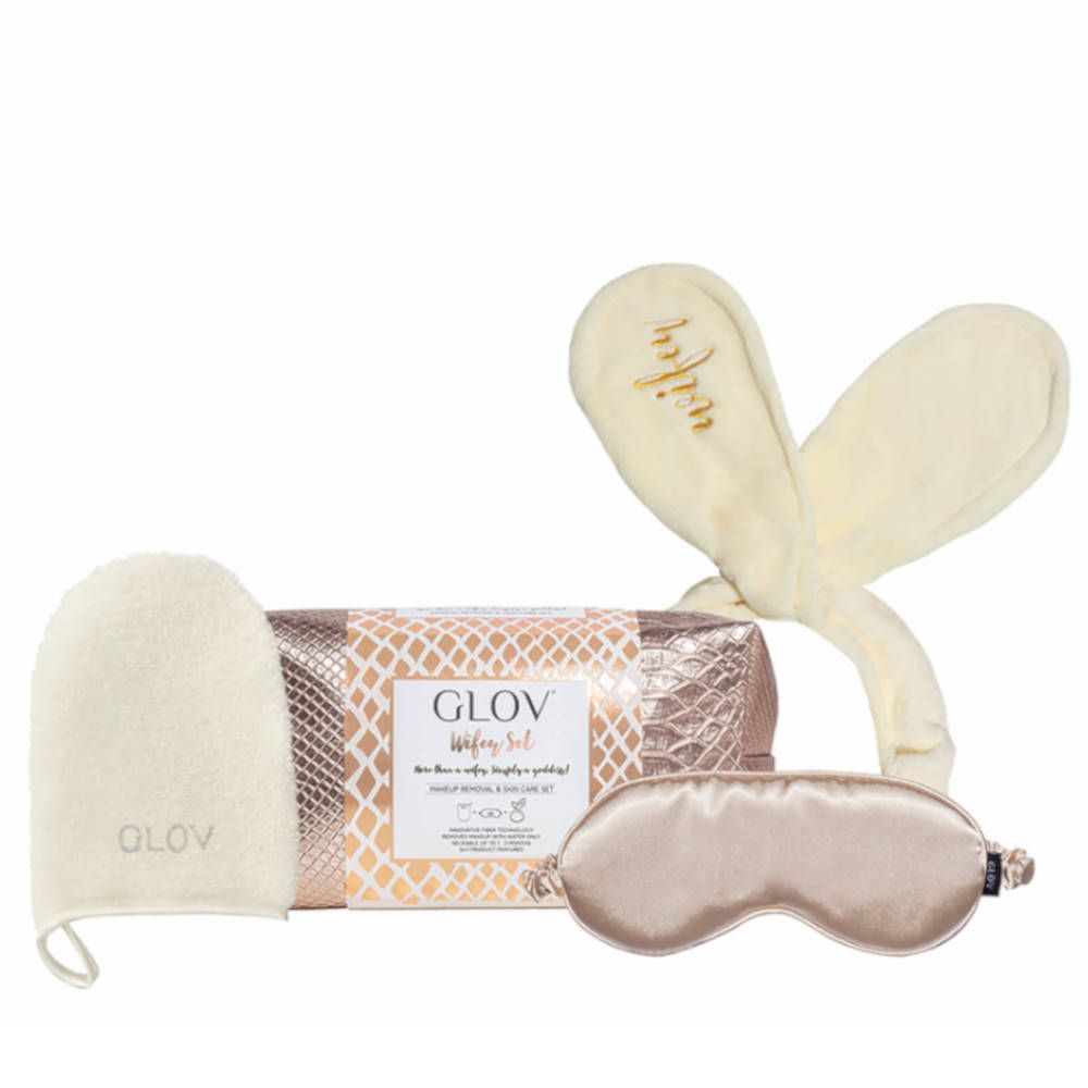 Ensemble avec oreilles, masque pour les yeux et gant. Logo GLOV sur le gant. Emballage avec logo GLOV Wifey Set.