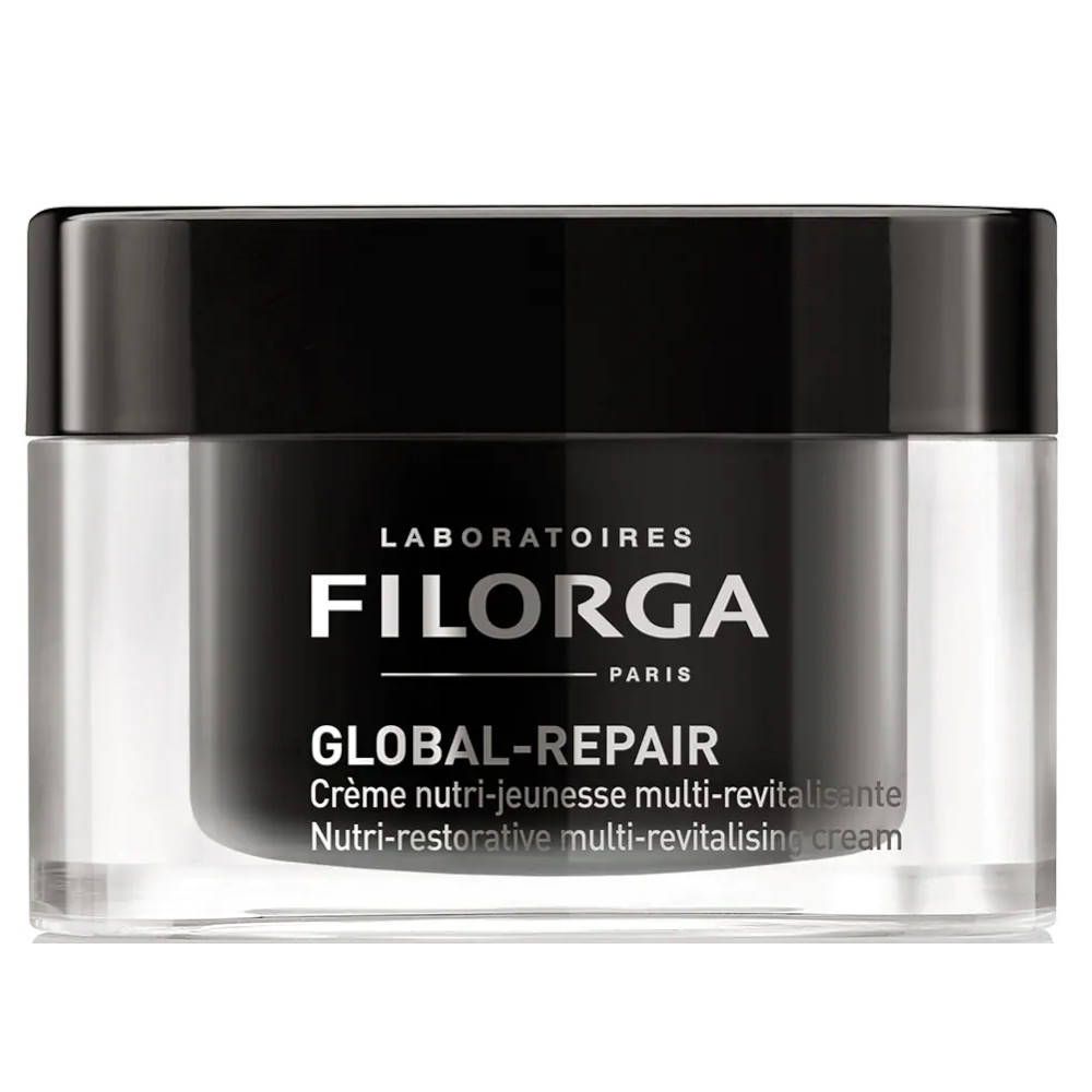 Creme-Tiegel mit schwarzem Deckel und transparentem Behälter. Aufschrift: Filorga Global-Repair.