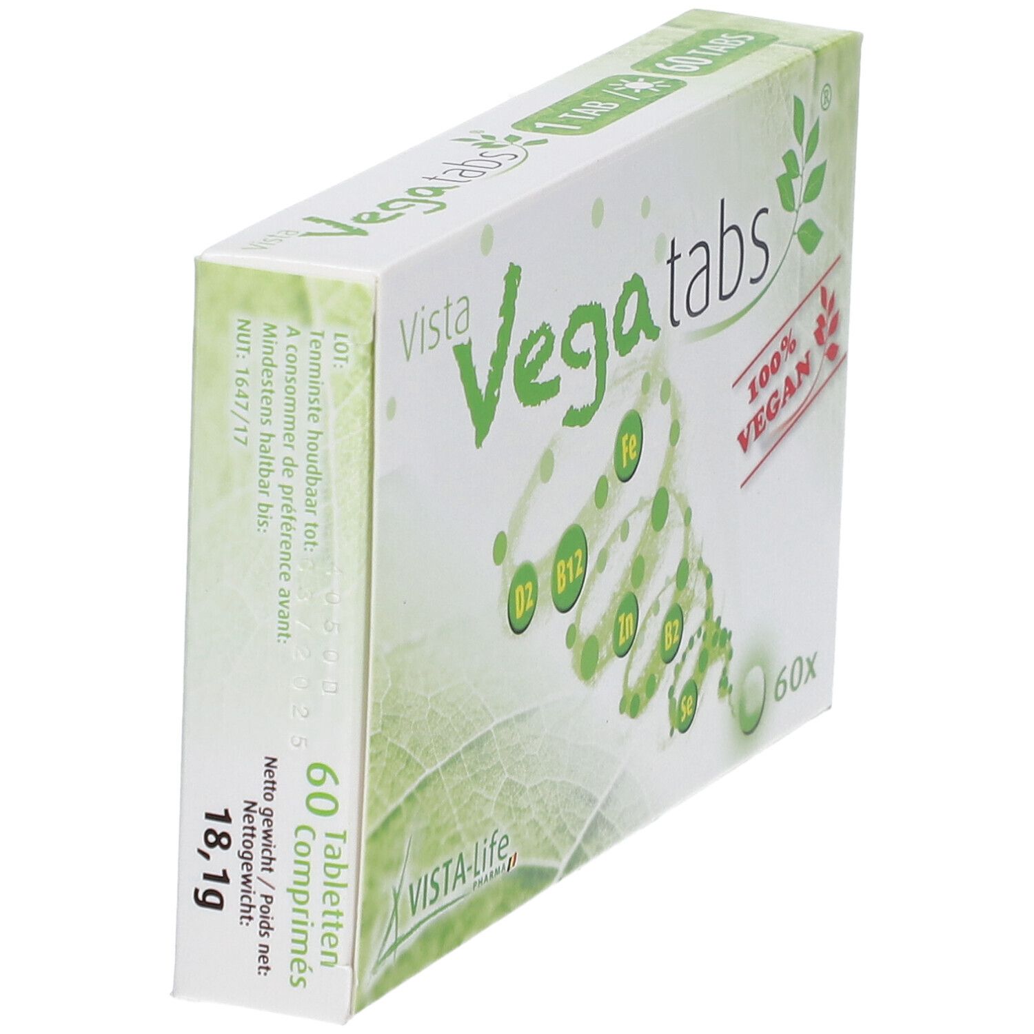 Schuin geplaatste verpakking Vista Vegatabs. Opschrift: 60 tabletten, 100% vegan. Bevat vitaminen en mineralen.