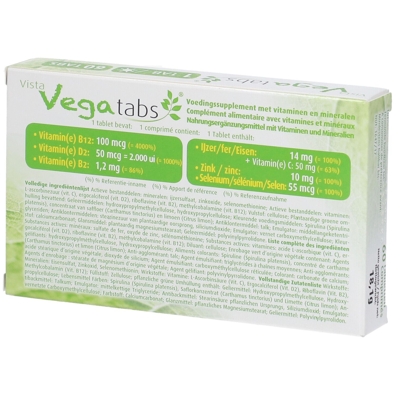 Achterkant van de verpakking Vista Vegatabs. Bevat informatie over vitaminen, mineralen en ingrediënten.