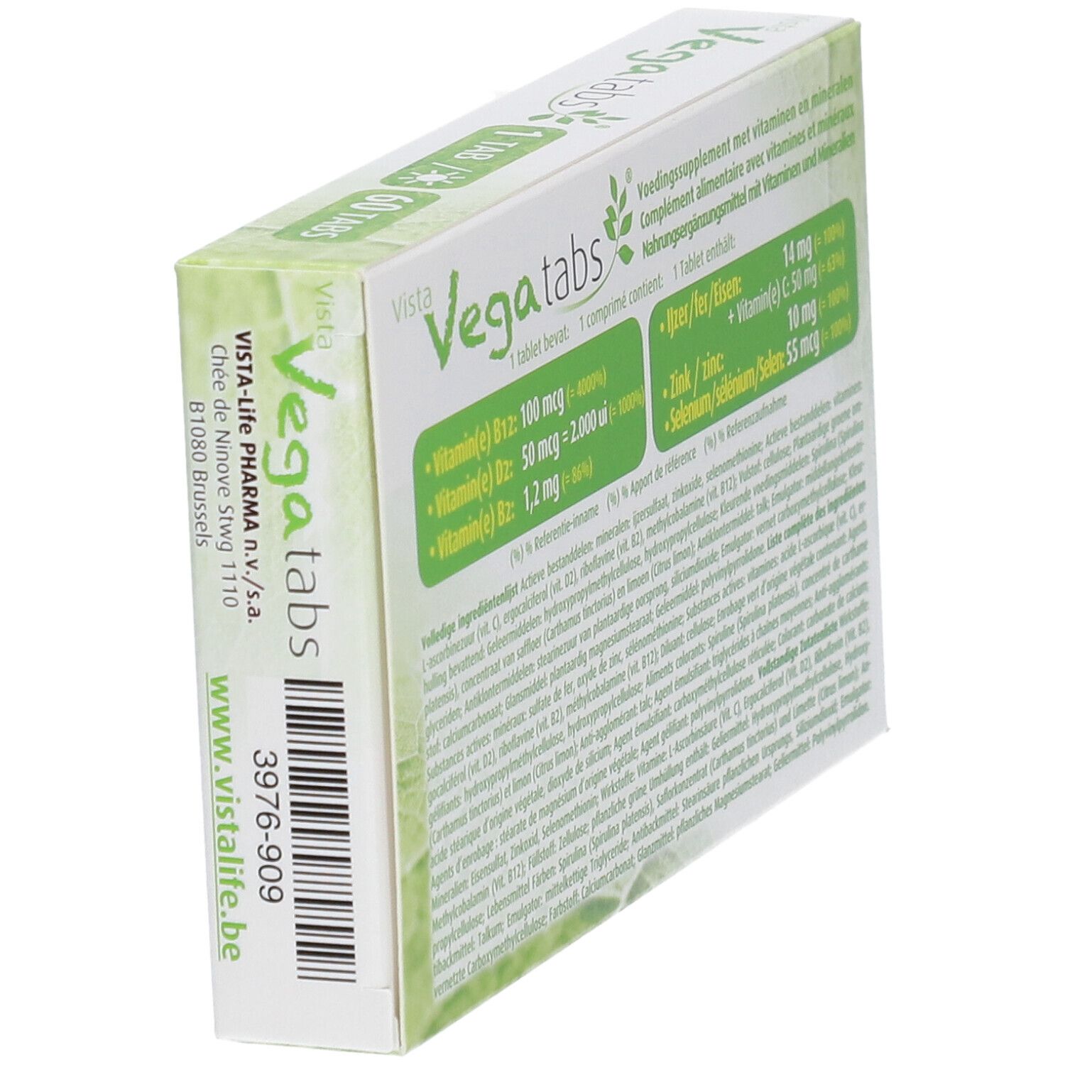 Achterkant van de verpakking Vista Vegatabs. Bevat informatie over vitaminen, mineralen en ingrediënten.