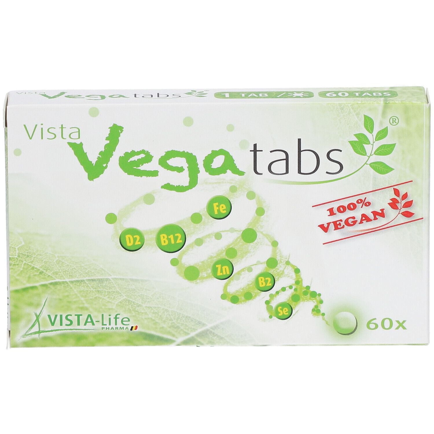 Doosje Vista Vegatabs. Opschrift: 100% vegan, 60 tabletten. Bevat vitaminen en mineralen.
