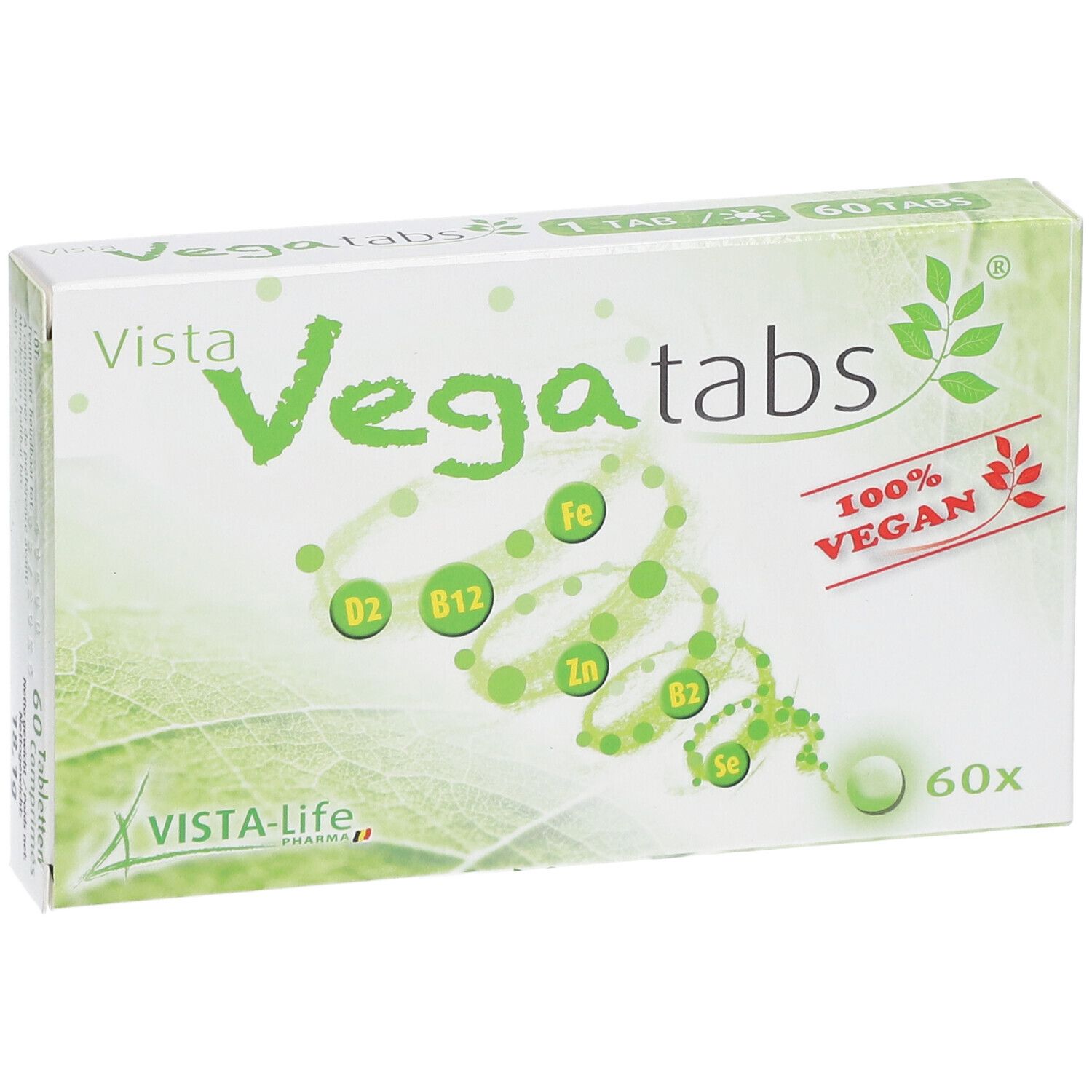 Doosje Vista Vegatabs. Opschrift: 100% vegan, 60 tabletten. Bevat vitaminen en mineralen.