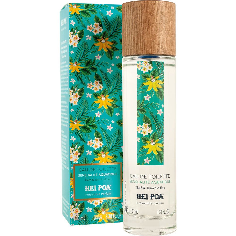 Fles en verpakking. Fles met houten dop. Verpakking met bloemmotief en tekst: HEI POA, Eau de Toilette.