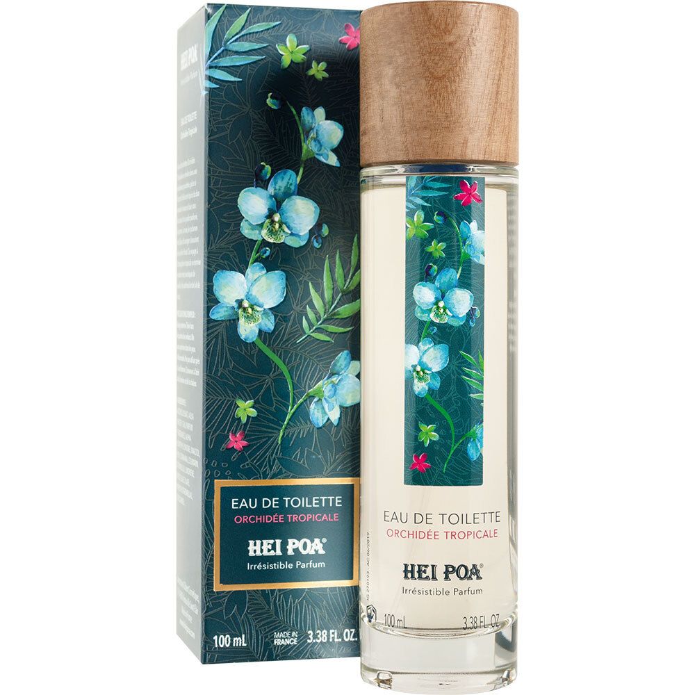 Fles en verpakking. Fles: cilindrisch, houten dop, bloemmotief. Verpakking: donkerblauw, bloemmotief, tekst.