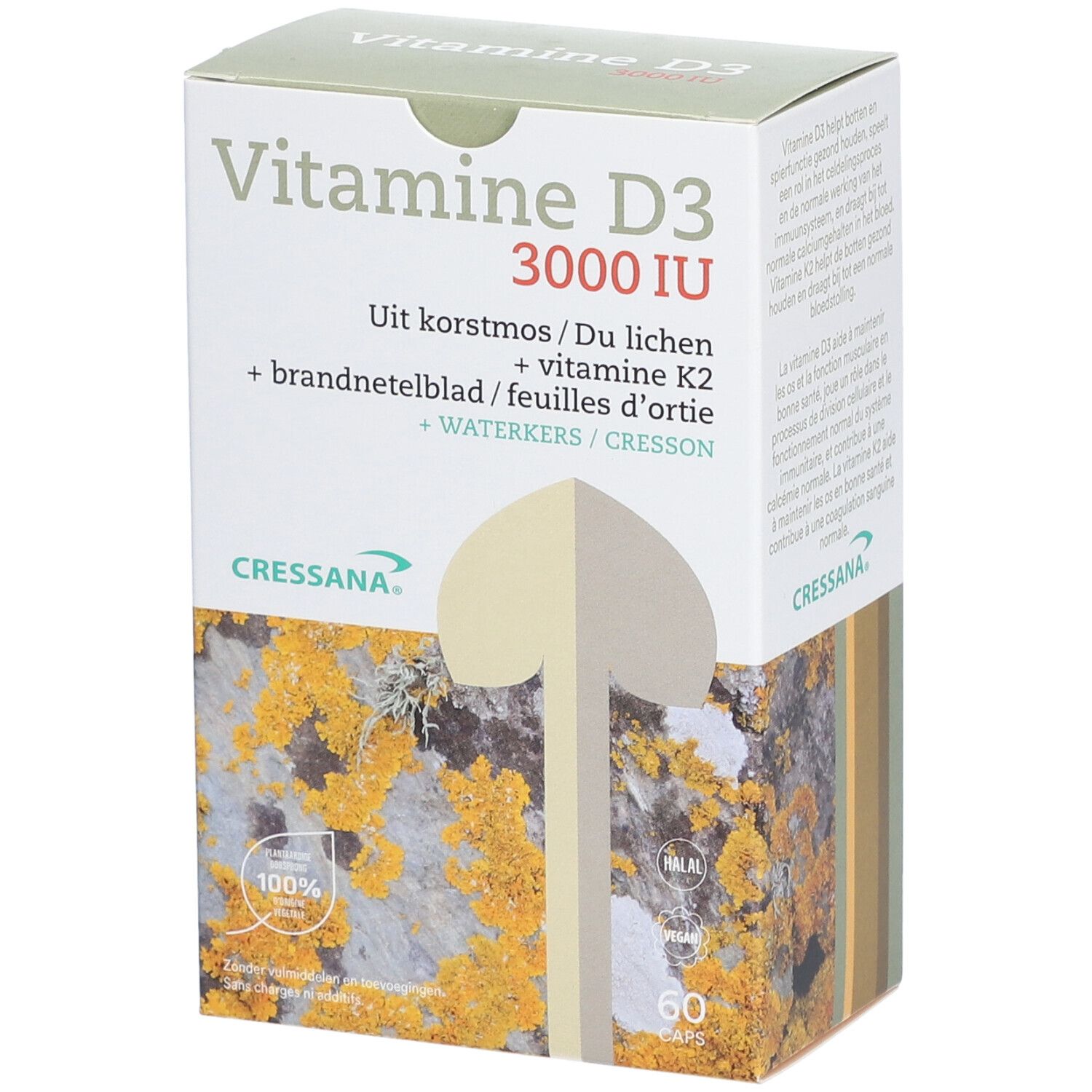 Boîte en carton Cressana Vitamine D3 3000 IU. Contient 60 capsules. Ingrédients et informations nutritionnelles.