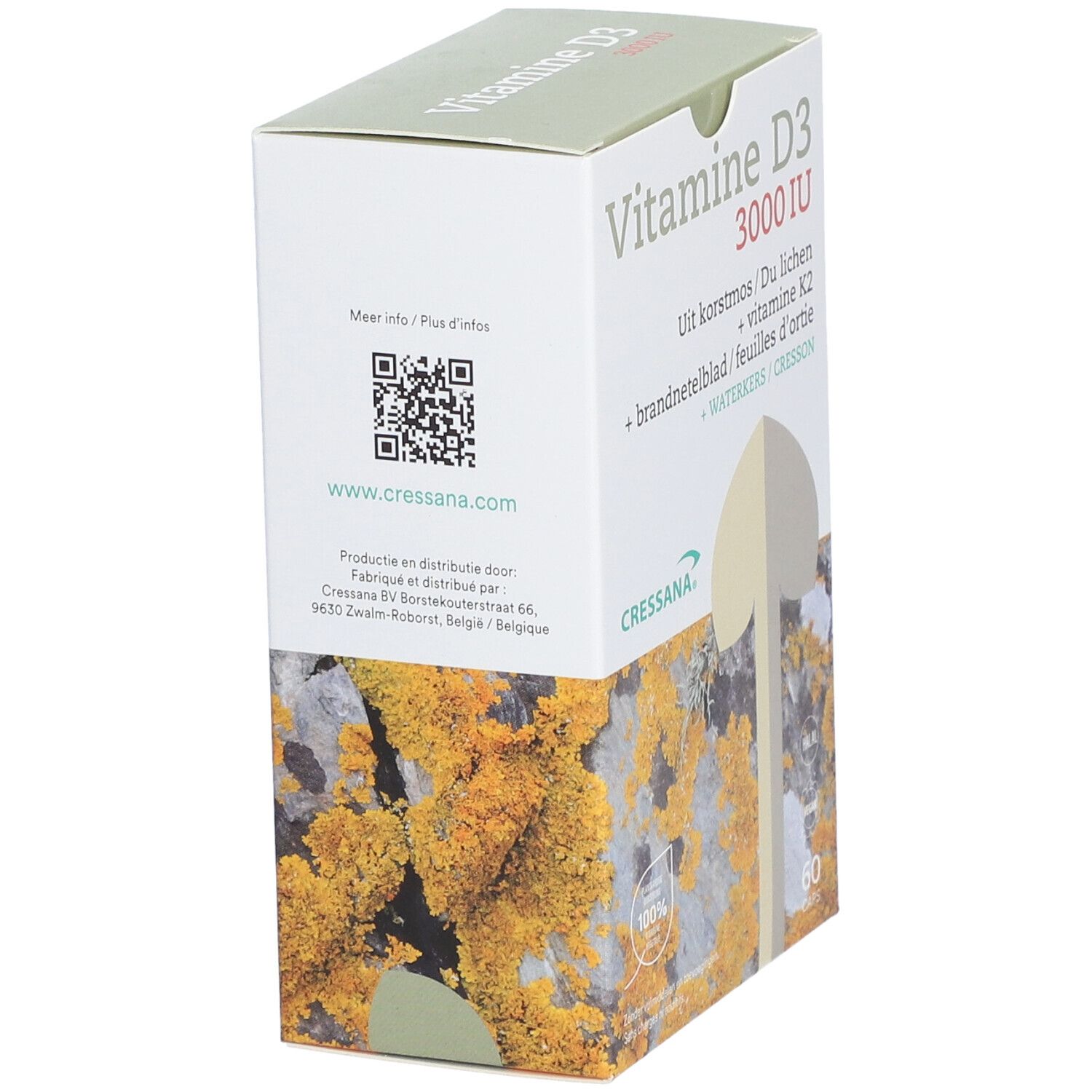 Vue latérale de la boîte Cressana Vitamine D3. Code QR et coordonnées. Nom du produit : Vitamine D3 3000 IU.
