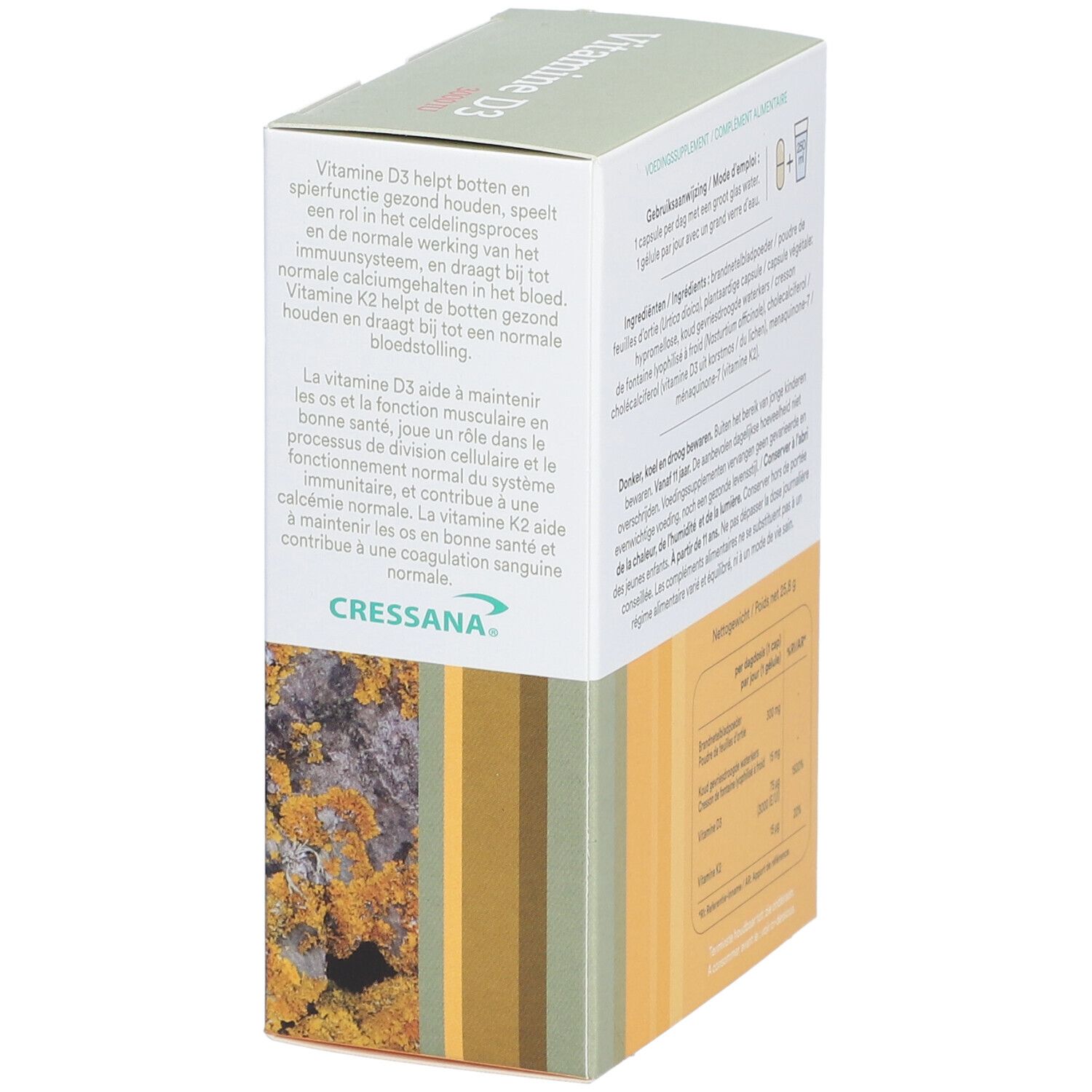 Côté de la boîte Cressana Vitamine D3. Informations sur la santé et le dosage.