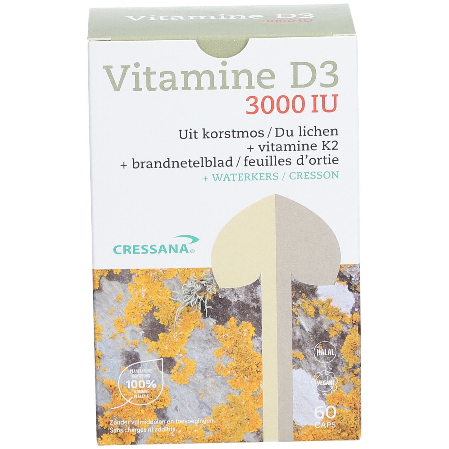 Boîte Cressana Vitamine D3 3000 IU. Contient 60 capsules. Logo et certifications visibles.