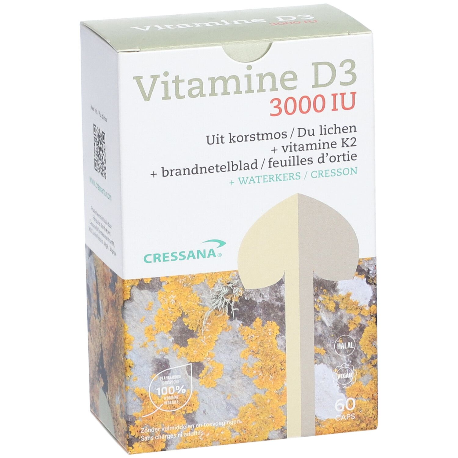 Boîte Cressana Vitamine D3 3000 IU. Contient 60 capsules. Logo et certifications visibles.