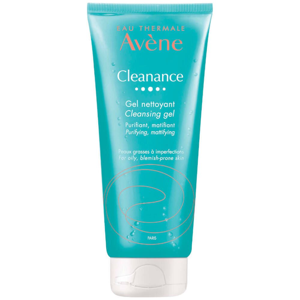 Turquoise tube met witte dop. Opschrift: Avène Cleanance Reinigingsgel. Tekst voor onzuivere huid.