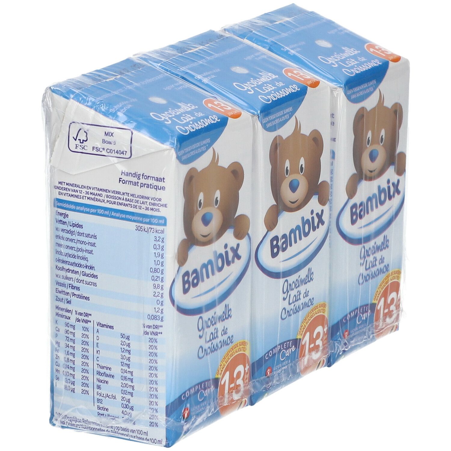 Emballage de trois briques de lait Bambix. Dos avec informations nutritionnelles et logo FSC. "Bambix Lait de Croissance 1-3+" visible.