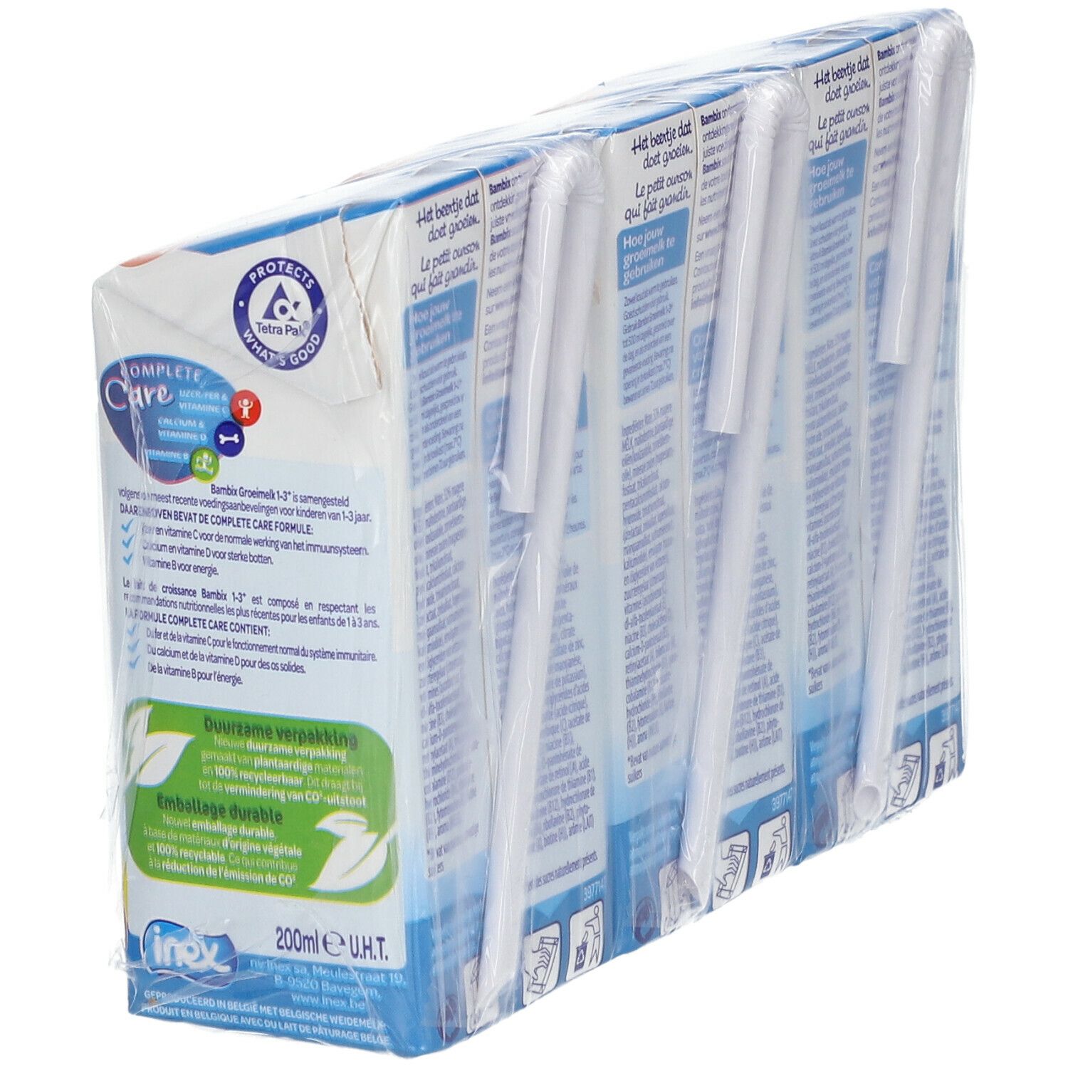 Emballage de six briques de lait Bambix. Pailles visibles. "Bambix Lait de Croissance" et logo FSC.