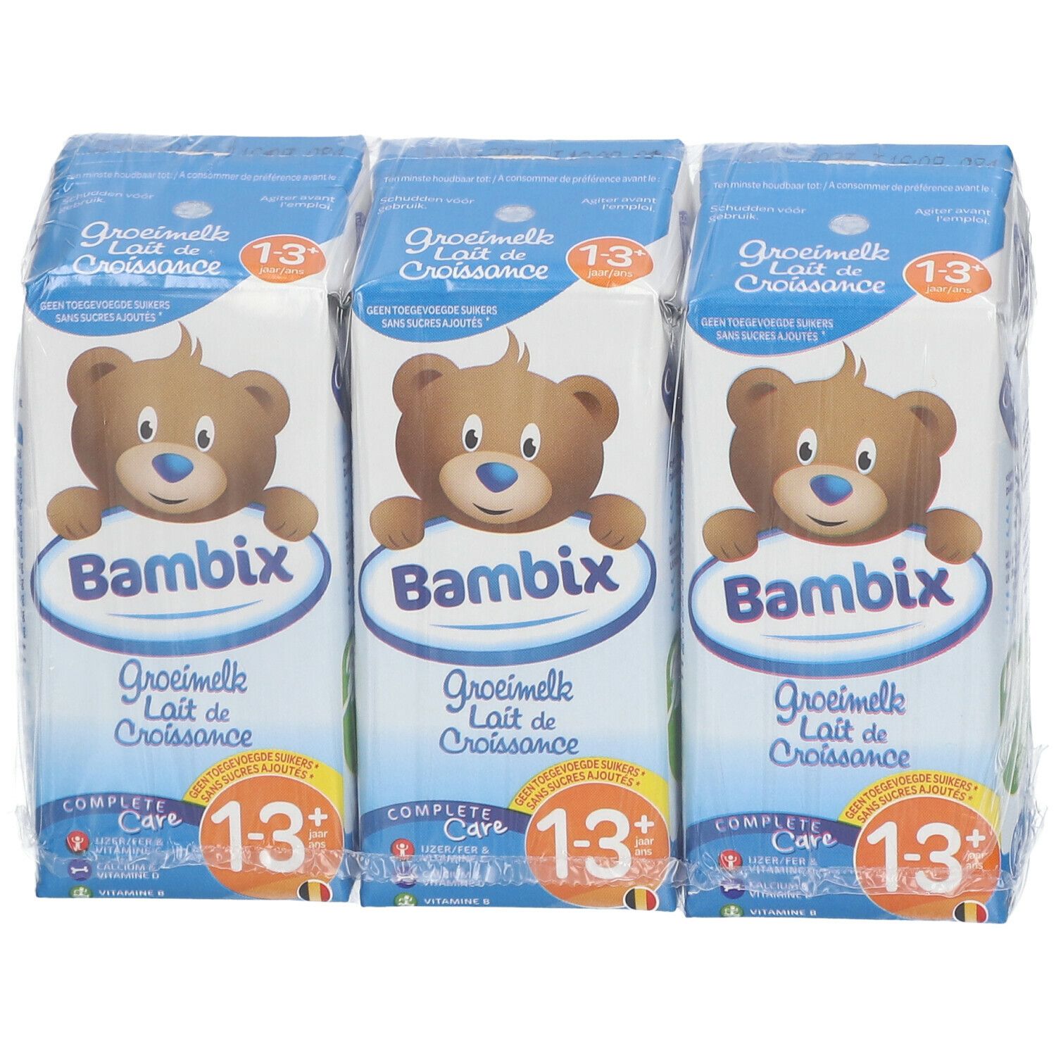 Emballage de trois briques de lait Bambix. Chaque brique affiche un ours et l'inscription "Bambix Lait de Croissance 1-3+".