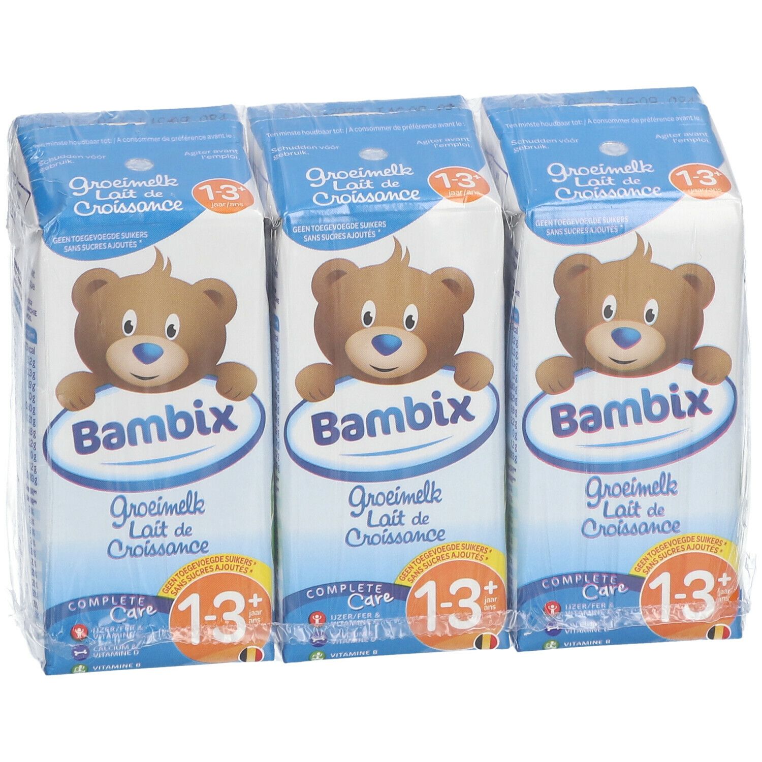 Emballage de trois briques de lait Bambix. Chaque brique affiche un ours et l'inscription "Bambix Lait de Croissance 1-3+".