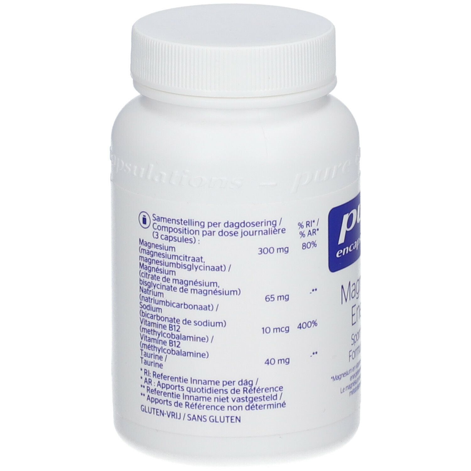 Flacon blanc avec informations nutritionnelles. Contient magnésium, vitamine B12 et taurine. Sans gluten.