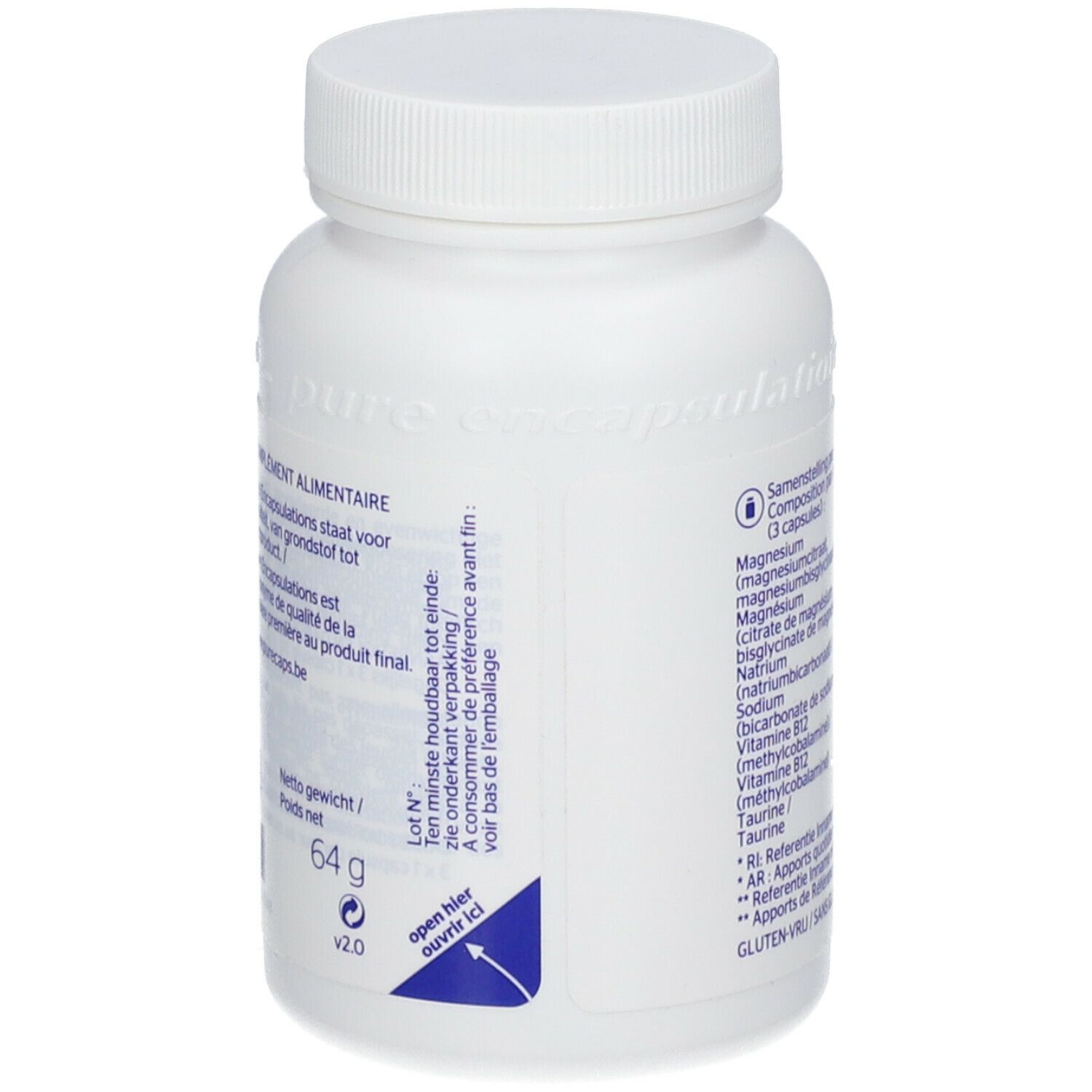 Flacon blanc avec informations. Poids net 64g. Sans gluten. Ouvrir ici.