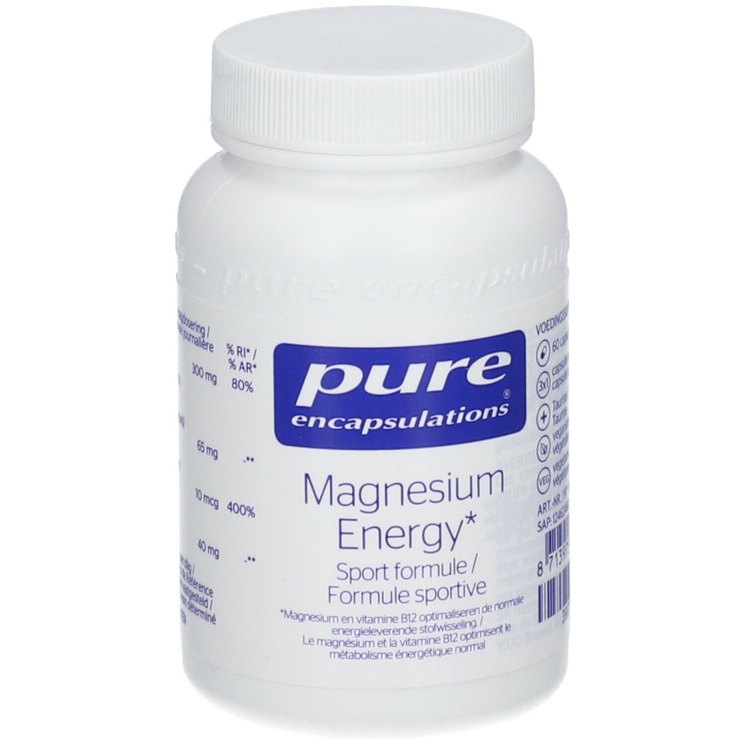 Flacon blanc avec texte bleu. Contient des gélules. Inscription: Magnesium Energy, Formule sportive.