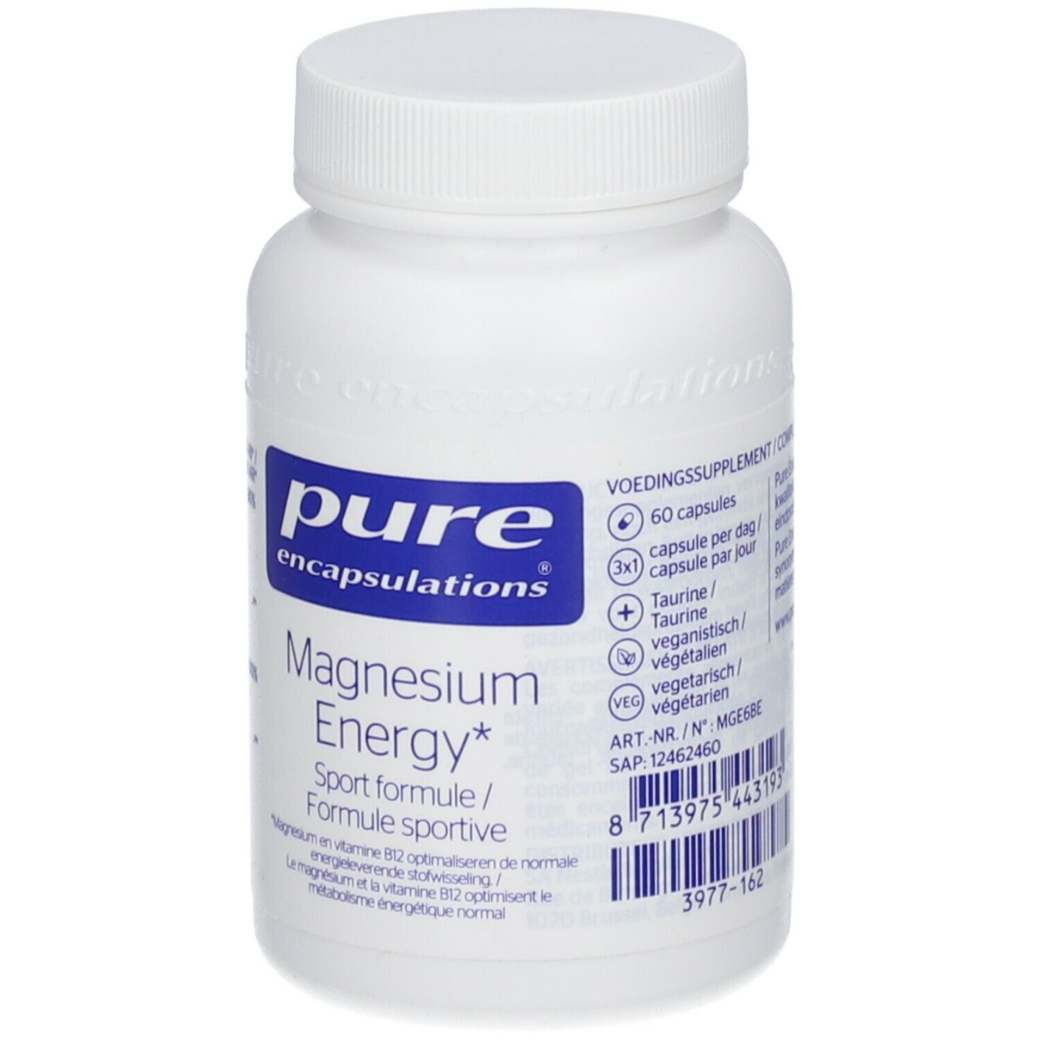 Flacon blanc avec texte bleu. Contient 60 gélules. Inscription: Magnesium Energy, Formule sportive.