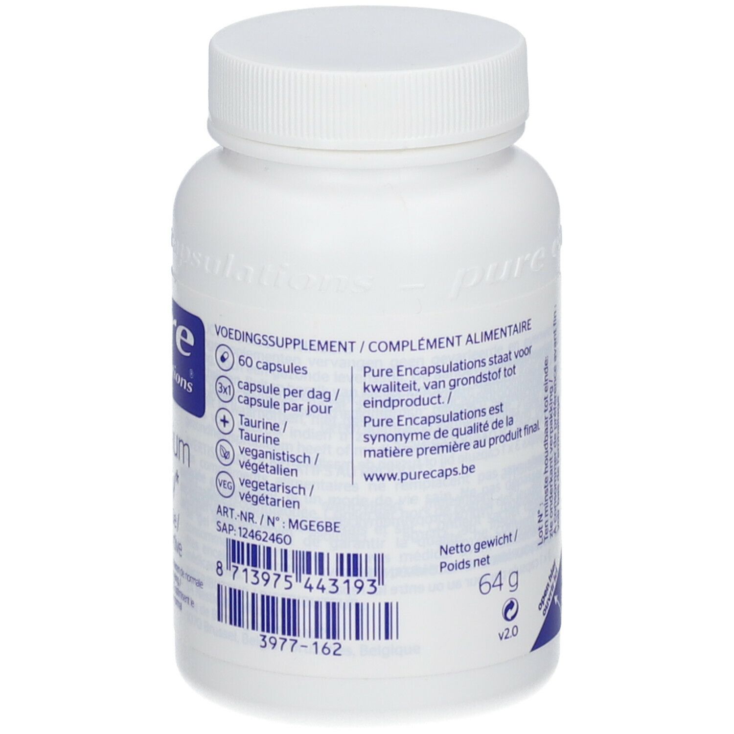 Flacon blanc avec informations. Contient 60 gélules. Poids net 64g. Sans gluten.