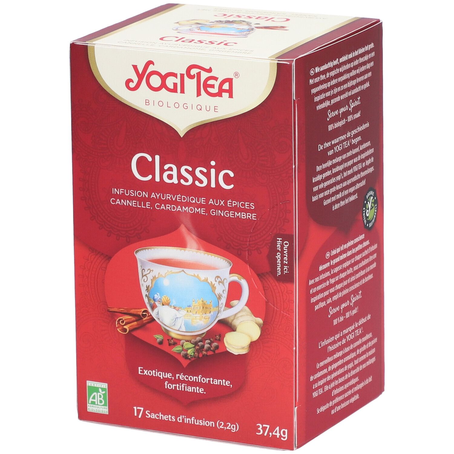 Yogi Tea® Classic verpakking. Rode doos met logo, productnaam en afbeelding van een kopje thee. 17 zakjes.