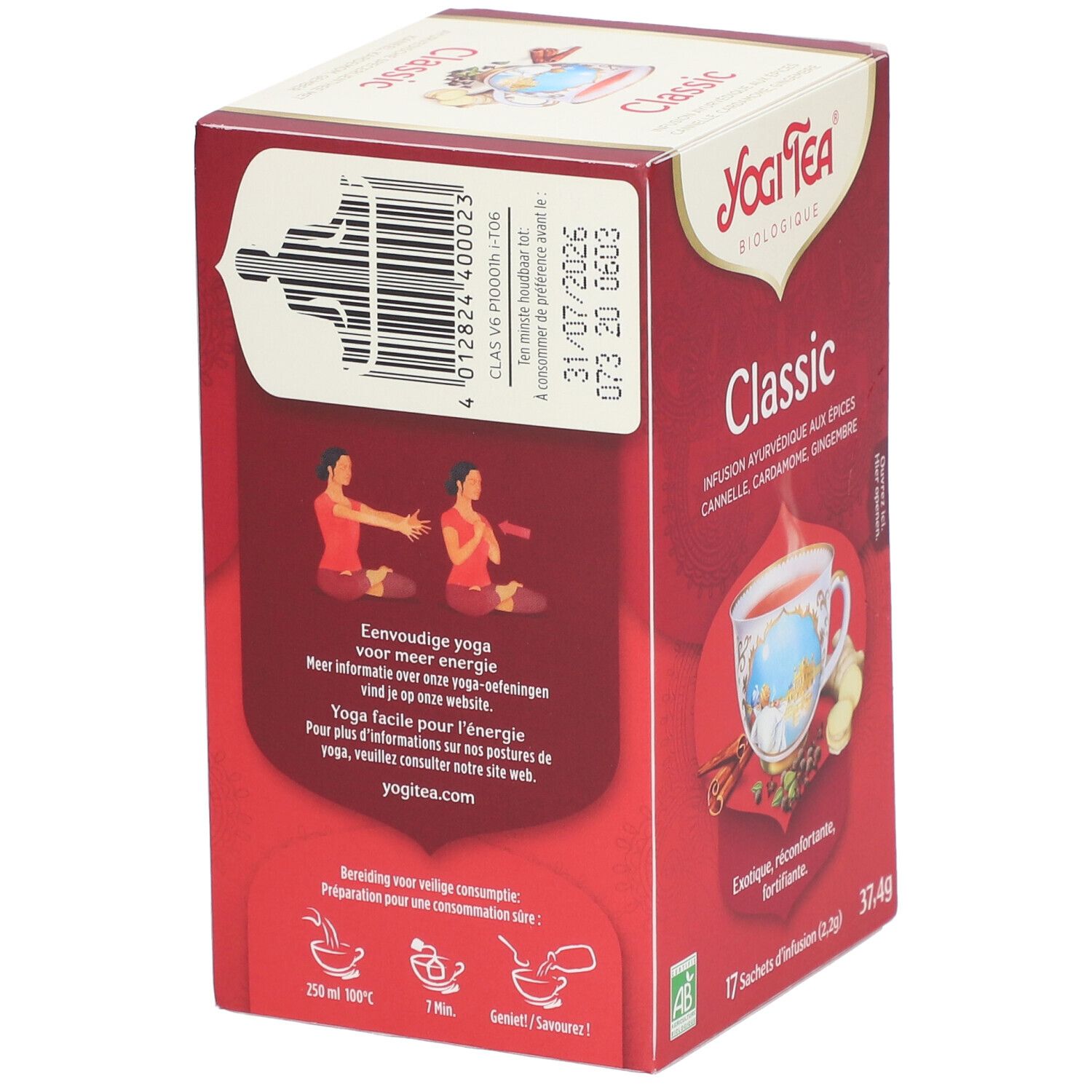Achterkant van de Yogi Tea® Classic verpakking. Barcode, yoga illustraties, meertalige tekst. Houdbaarheidsdatum.