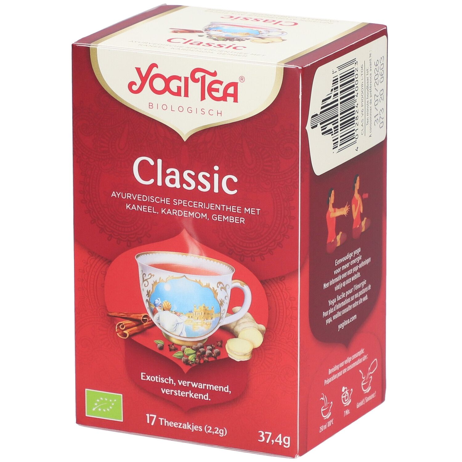 Yogi Tea® Classic verpakking. Rode doos met logo, productnaam en afbeelding van een kopje thee. 17 theezakjes.