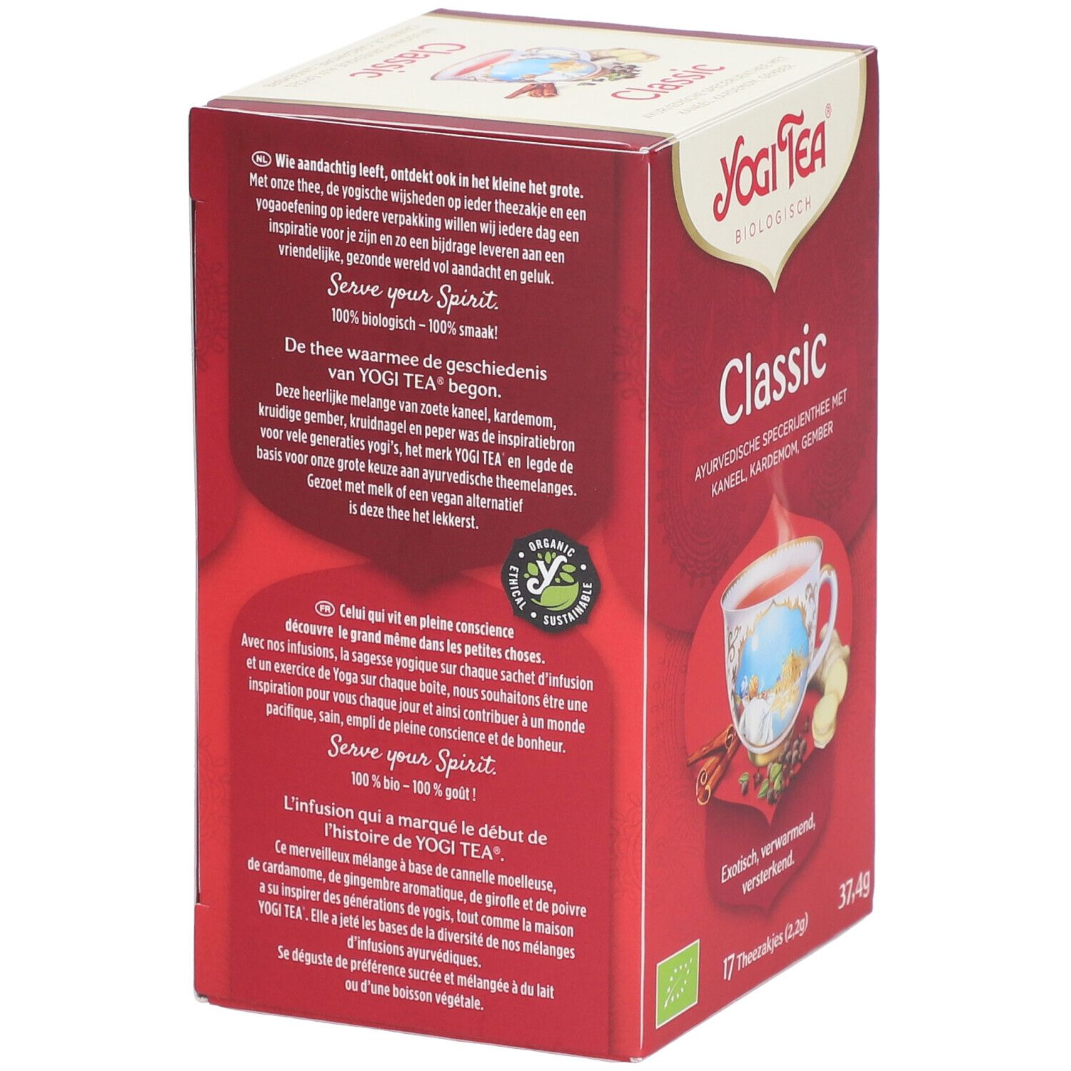 Achterkant van de Yogi Tea® Classic verpakking. Meertalige tekst, logo, afbeelding van een kopje thee. 17 theezakjes.