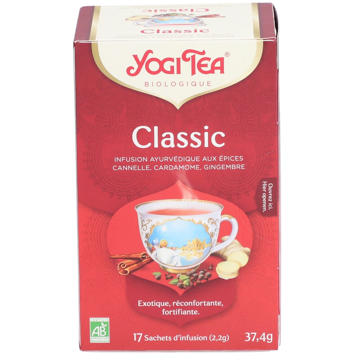 Yogi Tea® Classic verpakking. Rode doos met logo, productnaam en afbeelding van een kopje thee. 17 zakjes.