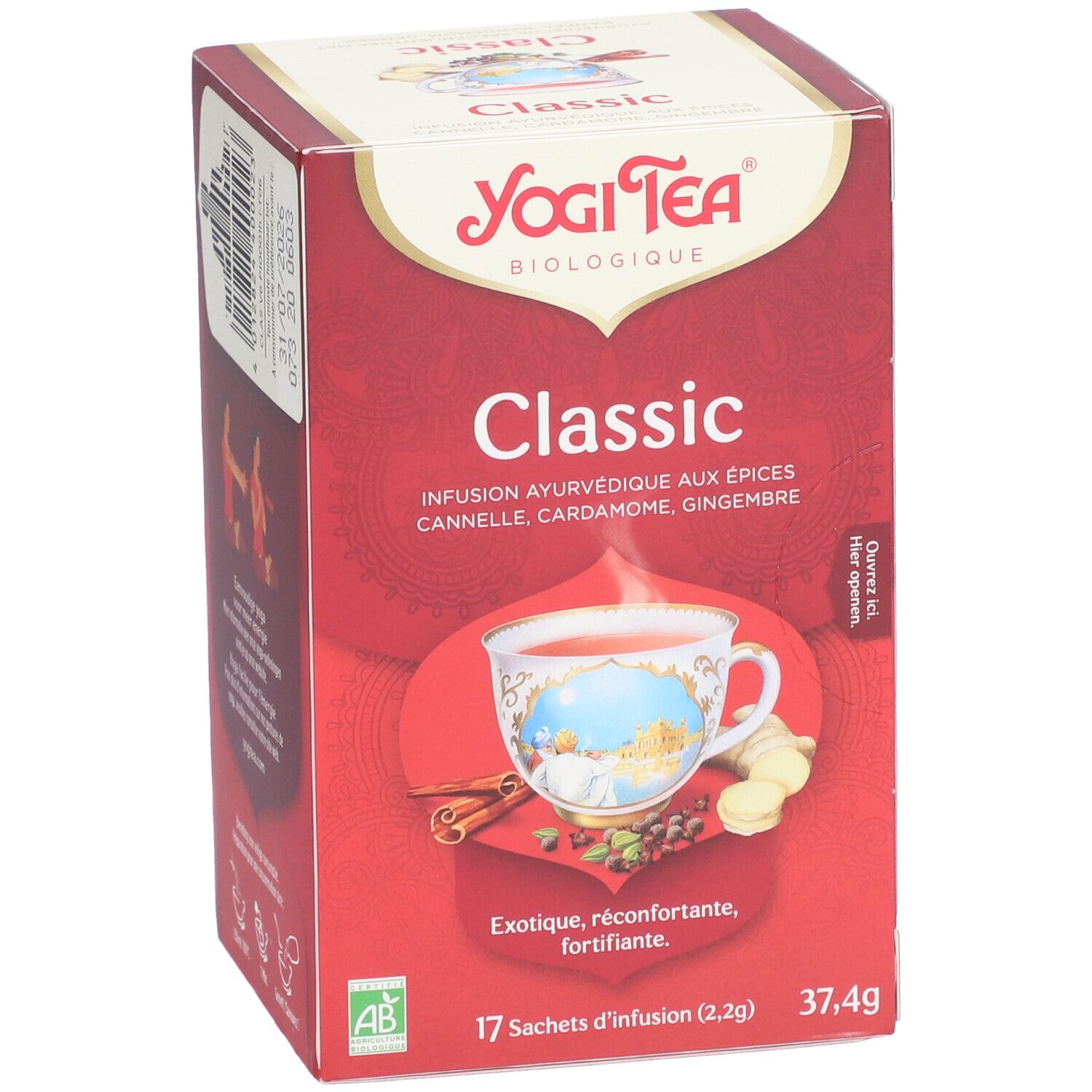 Yogi Tea® Classic verpakking. Rode doos met logo, productnaam en afbeelding van een kopje thee. 17 zakjes.