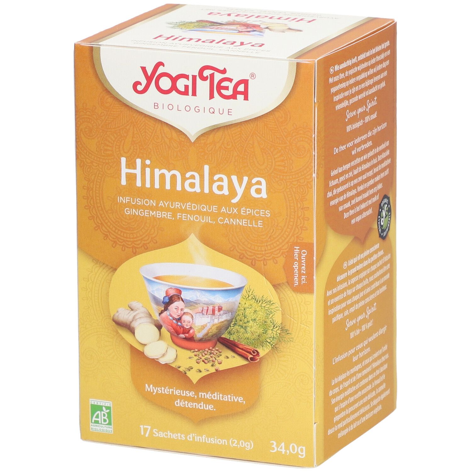 Yogi Tea® Himalaya verpakking. Opschrift: Himalaya, Infusion ayurvedique aux épices, 17 zakjes, 34,0g. AB Bio keurmerk.