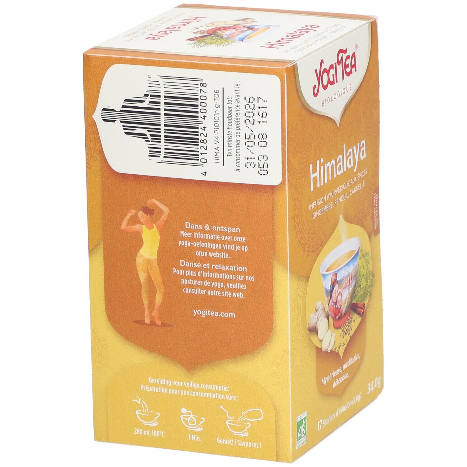Achterkant van de Yogi Tea® Himalaya verpakking. Barcode, tekst over yoga en ontspanning. Illustraties van yoga poses.