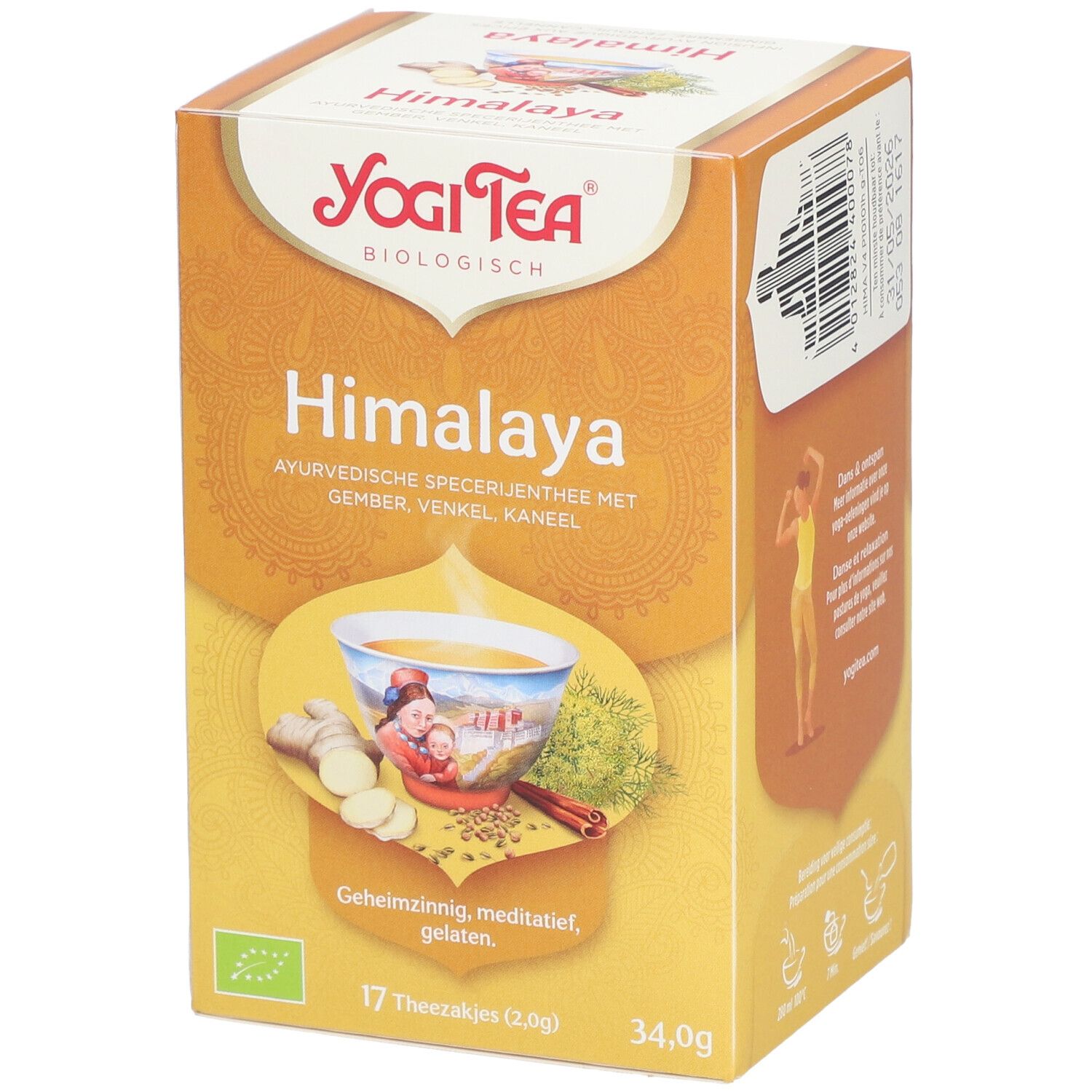 Yogi Tea® Himalaya verpakking. Opschrift: Himalaya, ayurvedische specerijenthee, 17 zakjes, 34,0g. AB Bio keurmerk.