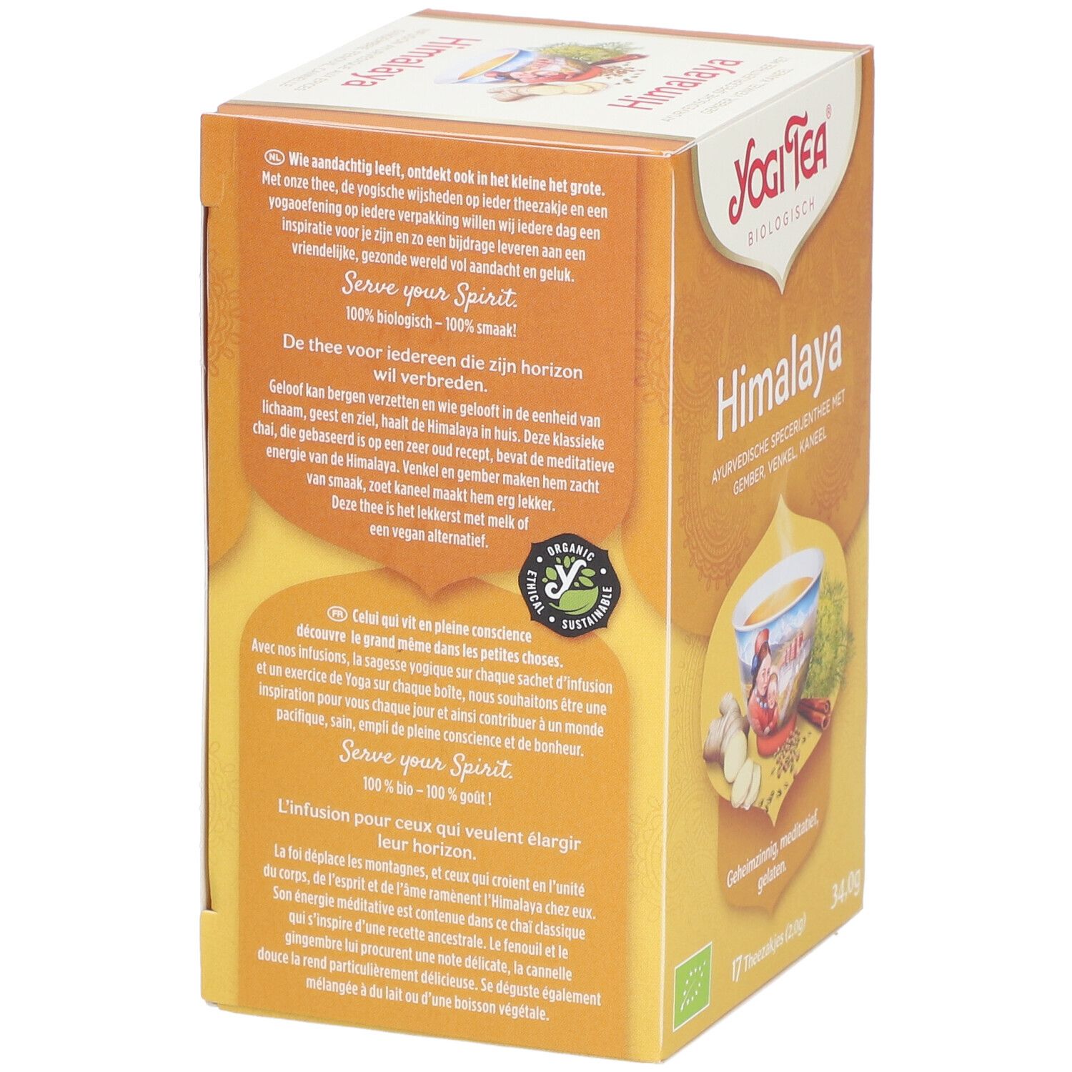 Achterkant van de Yogi Tea® Himalaya verpakking. Tekst over de thee bereiding en ingrediënten. AB Bio keurmerk.