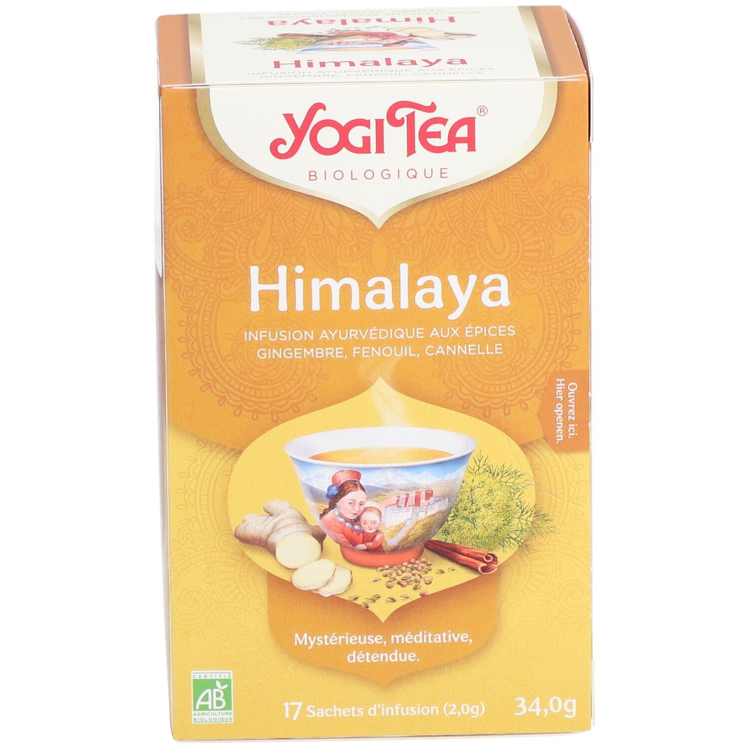 Yogi Tea® Himalaya verpakking. Opschrift: Himalaya, Infusion ayurvedique aux épices, 17 zakjes, 34,0g. AB Bio keurmerk.