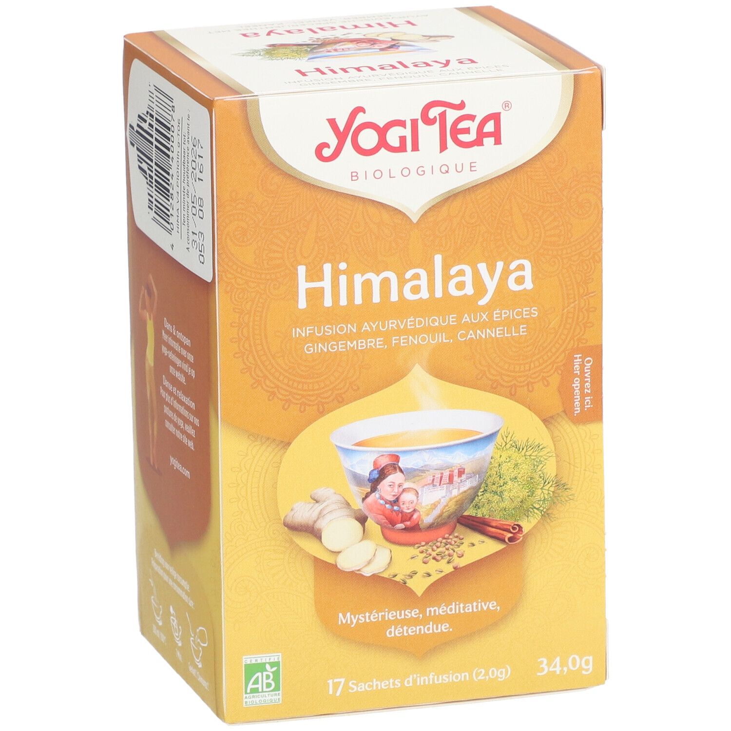 Yogi Tea® Himalaya verpakking. Opschrift: Himalaya, Infusion ayurvedique aux épices, 17 zakjes, 34,0g. AB Bio keurmerk.