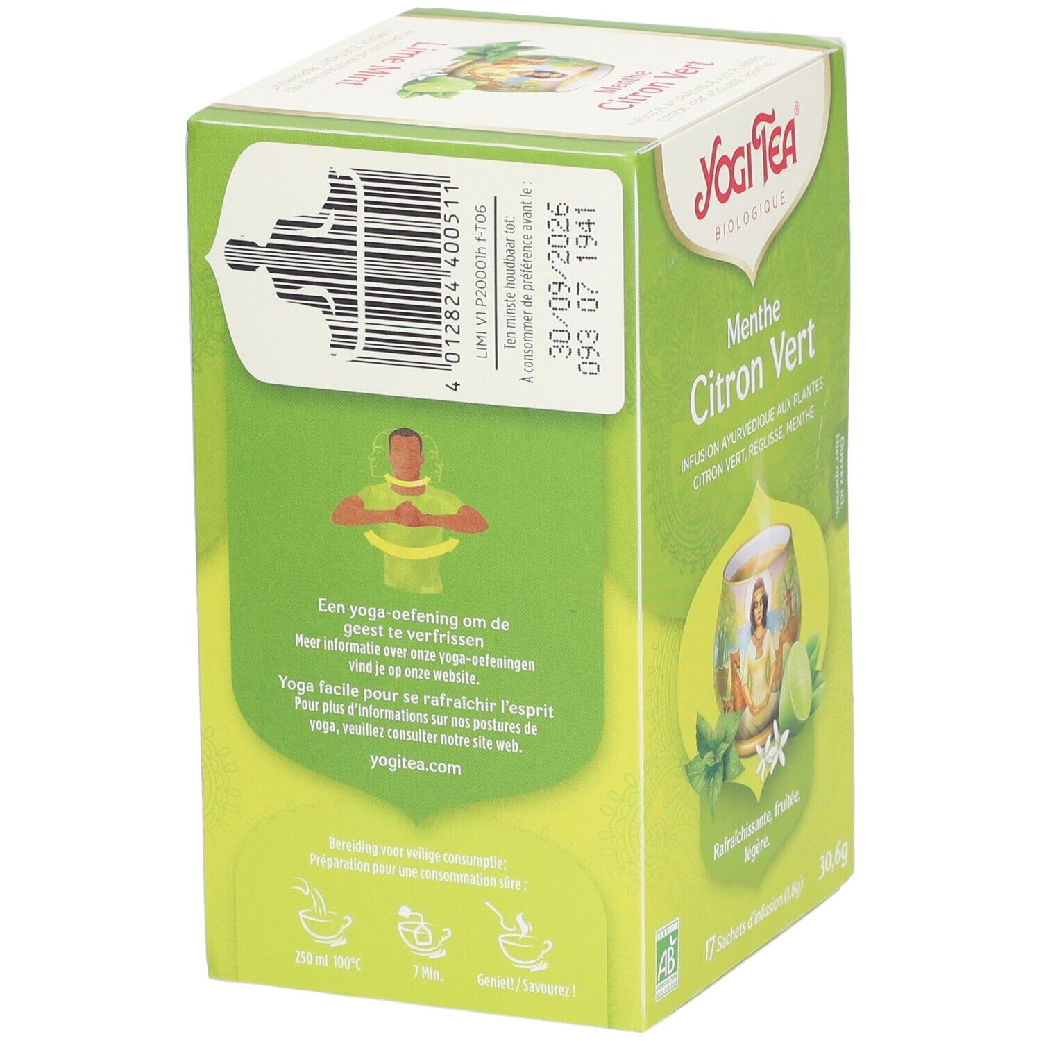 Dos de la boîte Yogi Tea®. Code-barres, texte en néerlandais. Illustration: tasse avec femme, citron vert, menthe. Vert.