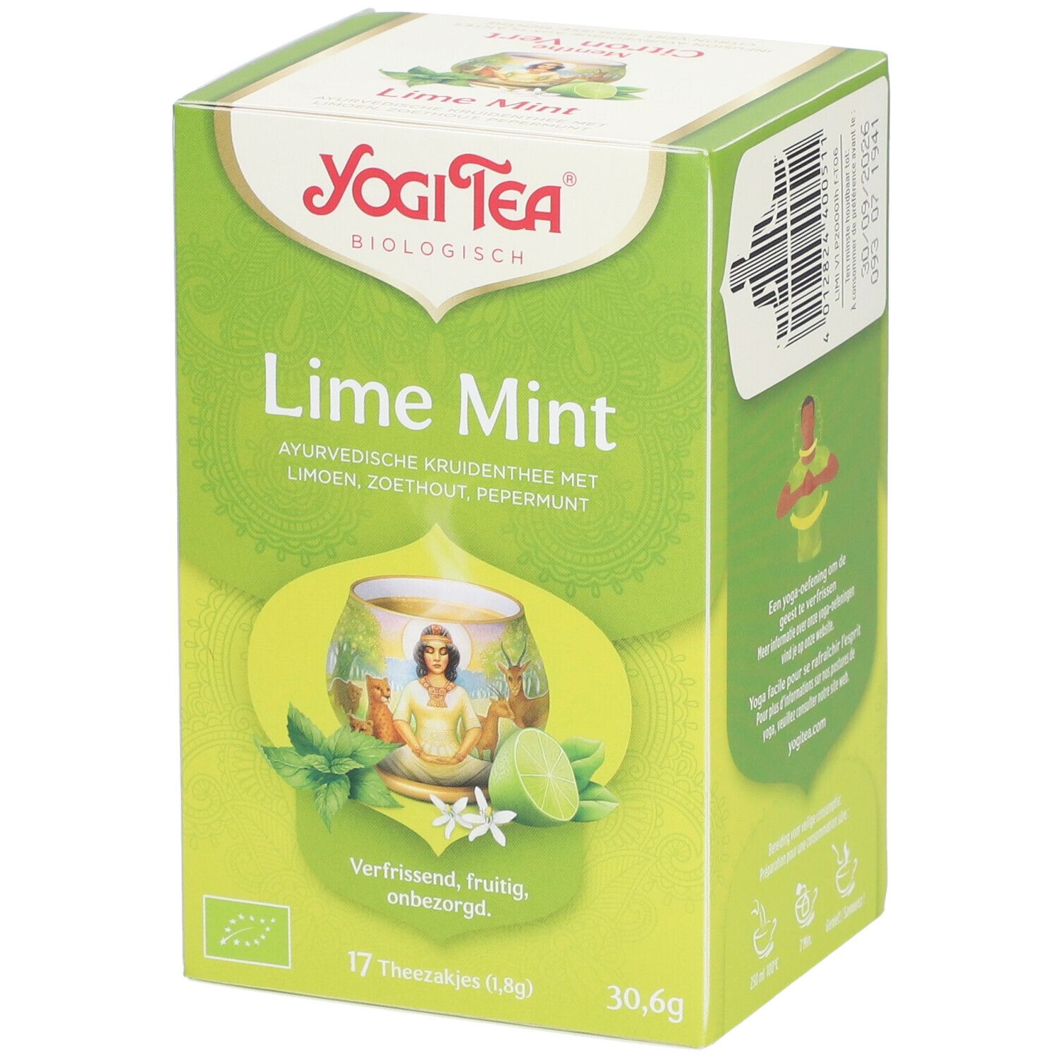 Boîte Yogi Tea® verte. Inscription: Lime Mint, 17 sachets, 30,6g. Illustration: tasse avec femme, citron vert, menthe. Bio.