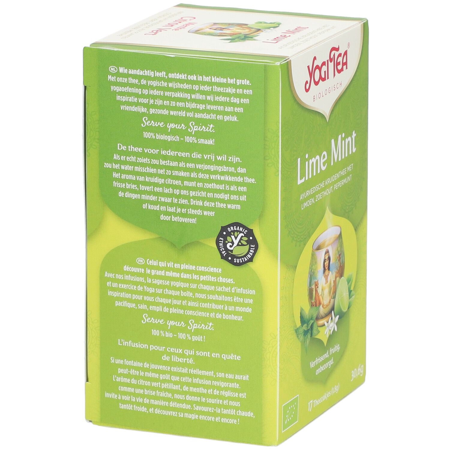 Boîte Yogi Tea® verte. Texte en néerlandais. Illustration: tasse avec femme, citron vert, menthe. Label bio.