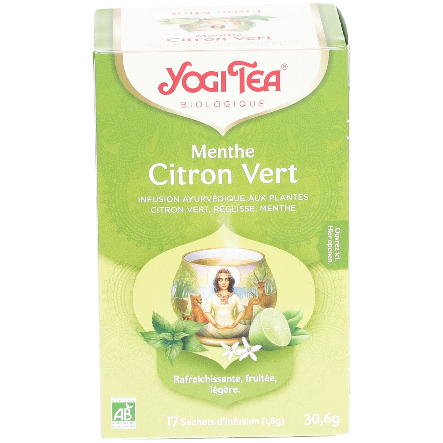 Boîte Yogi Tea® verte. Inscription: Menthe Citron Vert, 17 sachets, 30,6g. Illustration: tasse avec femme, citron vert, menthe. Bio.