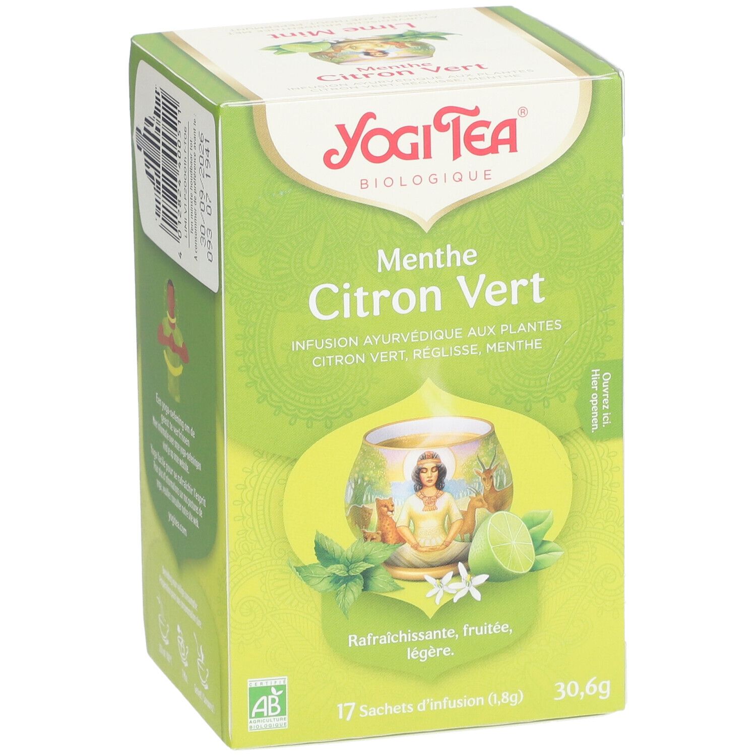Boîte Yogi Tea® verte. Inscription: Menthe Citron Vert, 17 sachets, 30,6g. Illustration: tasse avec femme, citron vert, menthe. Bio.