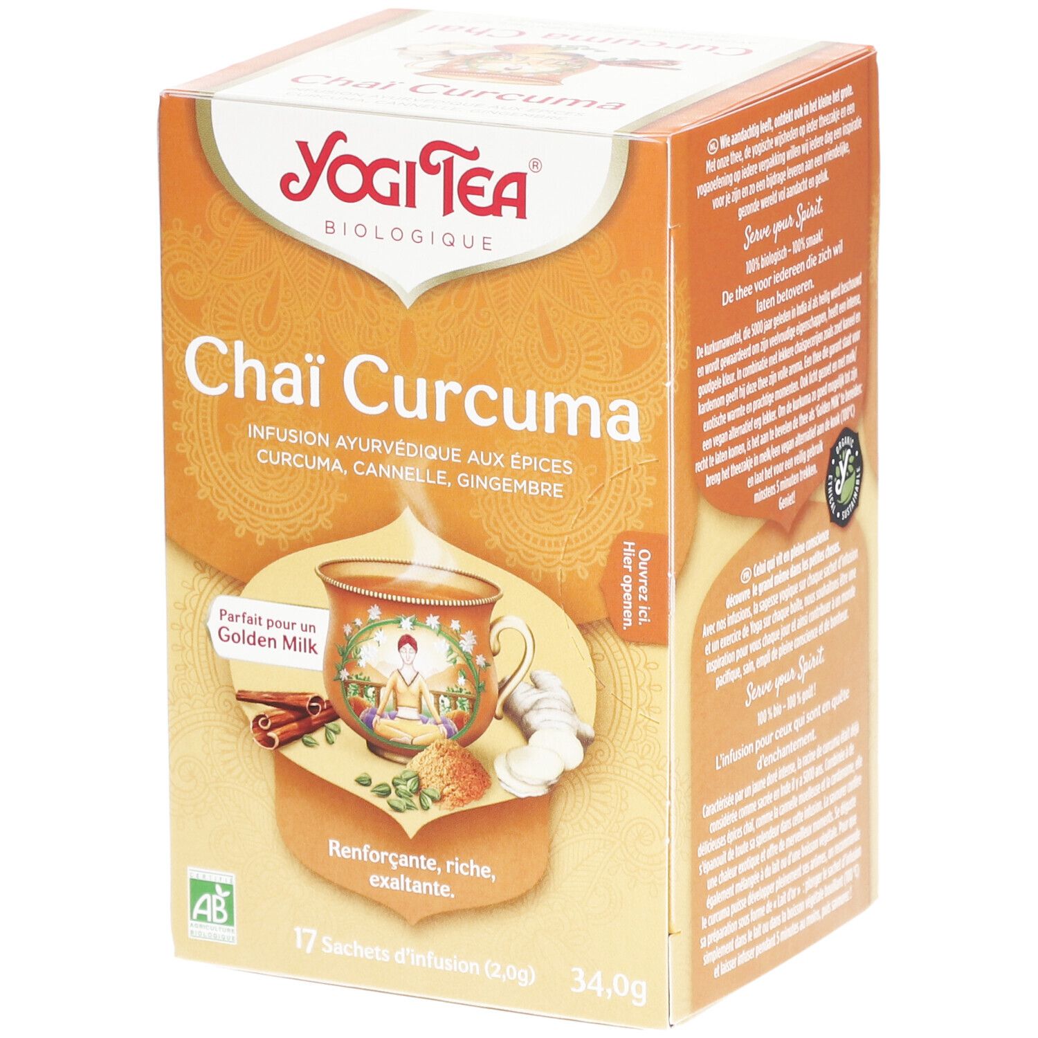 Yogi Tea® Kurkuma Chai doos. Voorkant met productnaam, ingrediënten en AB bio logo. 17 zakjes, 34,0g.