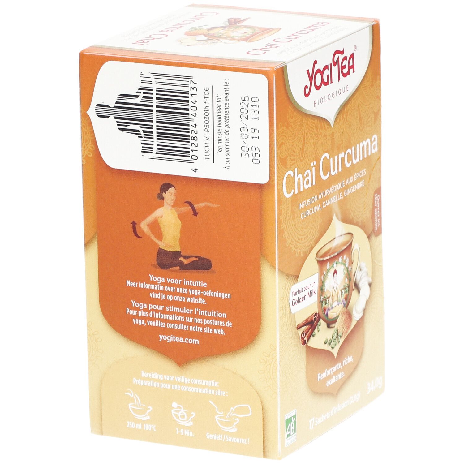 Yogi Tea® Kurkuma Chai doos. Achterkant met barcode, yoga illustratie en tekst. Houdbaarheidsdatum.