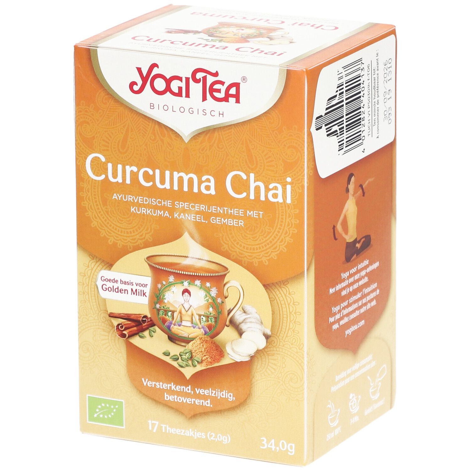 Yogi Tea® Kurkuma Chai doos. Voorkant met productnaam, ingrediënten en bio keurmerk. 17 zakjes, 34,0g.