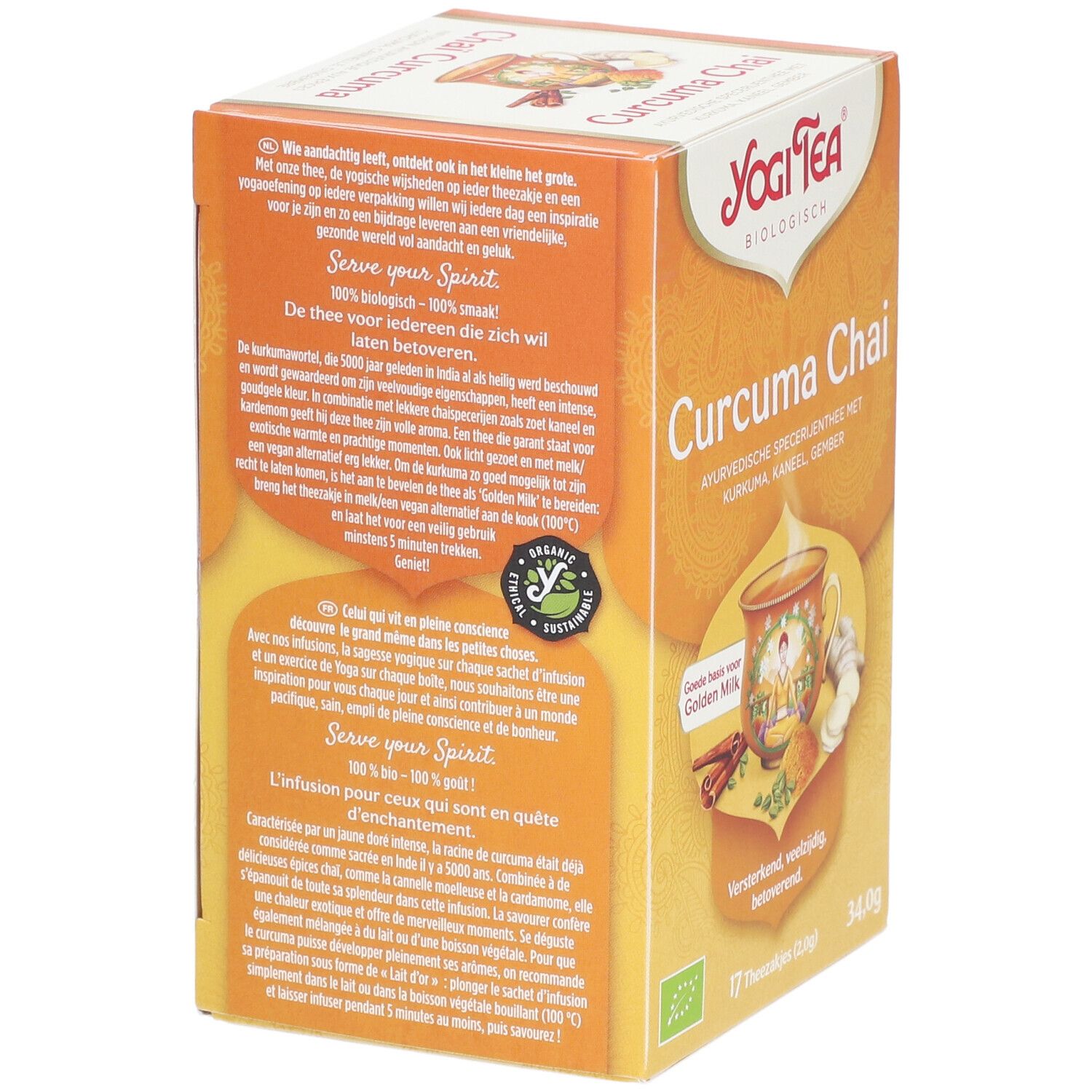 Yogi Tea® Kurkuma Chai doos. Achterkant met tekst, bio keurmerk en illustratie. 17 zakjes, 34,0g.