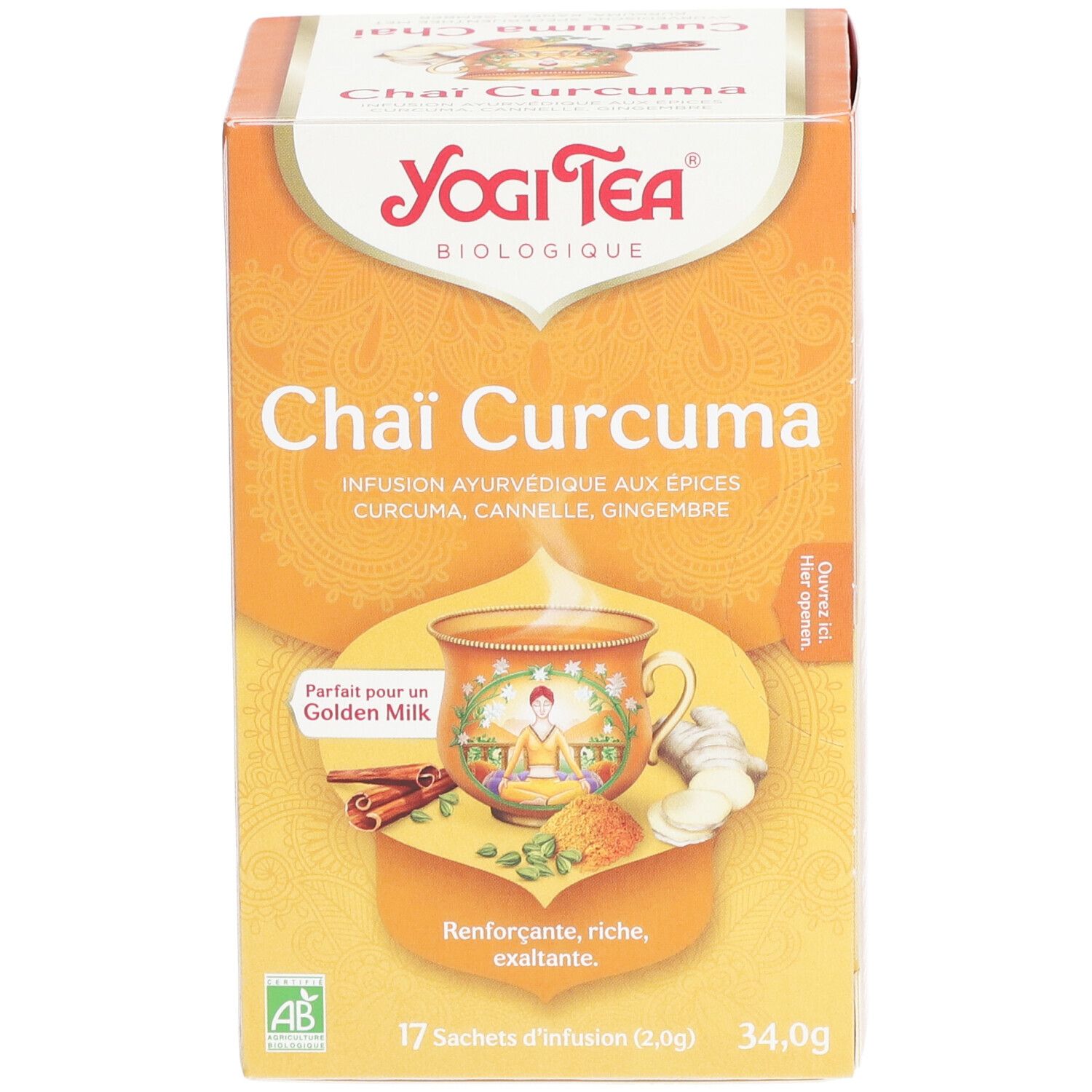 Yogi Tea® Chai Curcuma doos. Voorkant met productnaam, ingrediënten en AB bio logo. 17 zakjes, 34,0g.