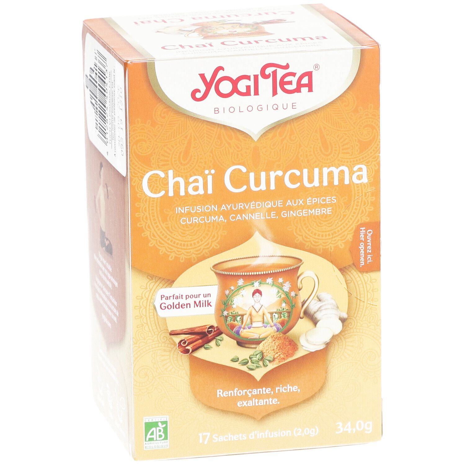 Yogi Tea® Chai Curcuma doos. Voorkant met productnaam, ingrediënten en AB bio logo. 17 zakjes, 34,0g.